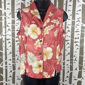 Caribbean Joe Vintage 90's Tropical Print Button Front Sleeveless Top M